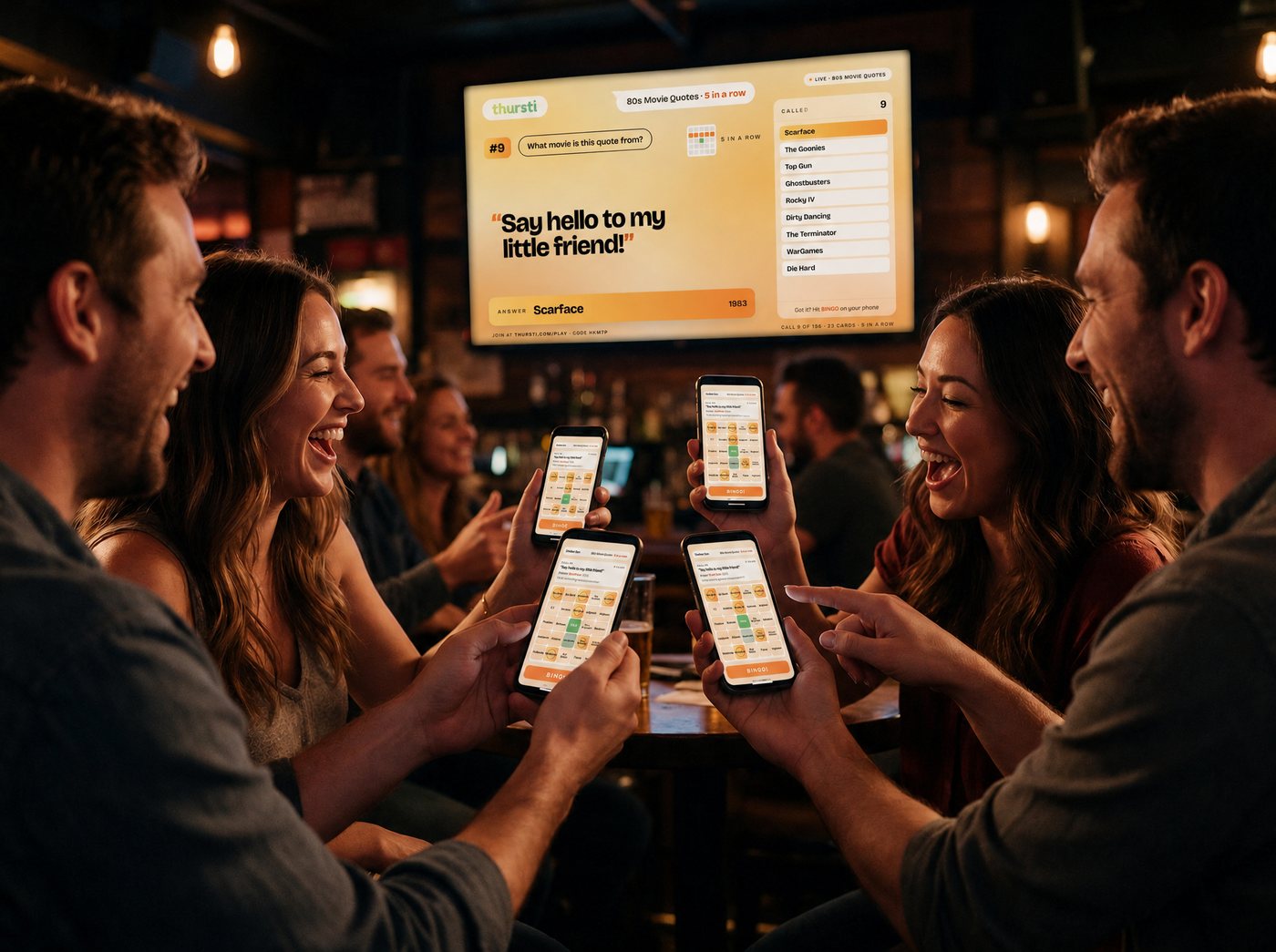 A busy bar playing interactive bingo: guests daubing digital bingo cards on their phones while the TV shows an 80s movie quote, the called list and a QR code