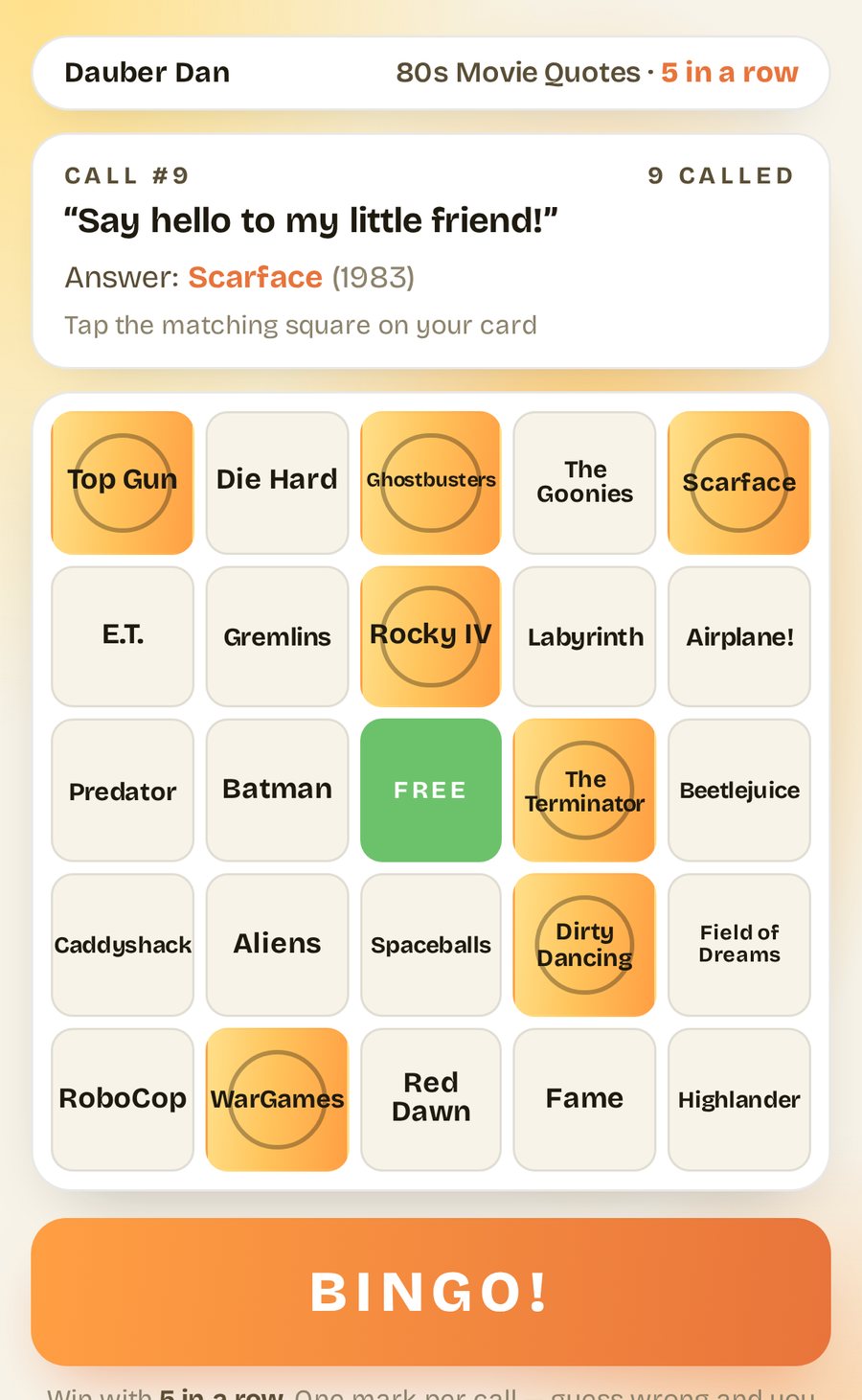A guest's phone showing a Thursti bingo card for 80s Movie Quotes: the current call, a 5 by 5 grid of movie titles with daubed squares, and the BINGO button