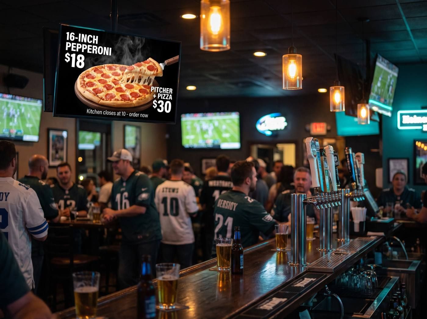 Behind-the-bar view with a pizza and pitcher special on the nearest screen and the game on the others