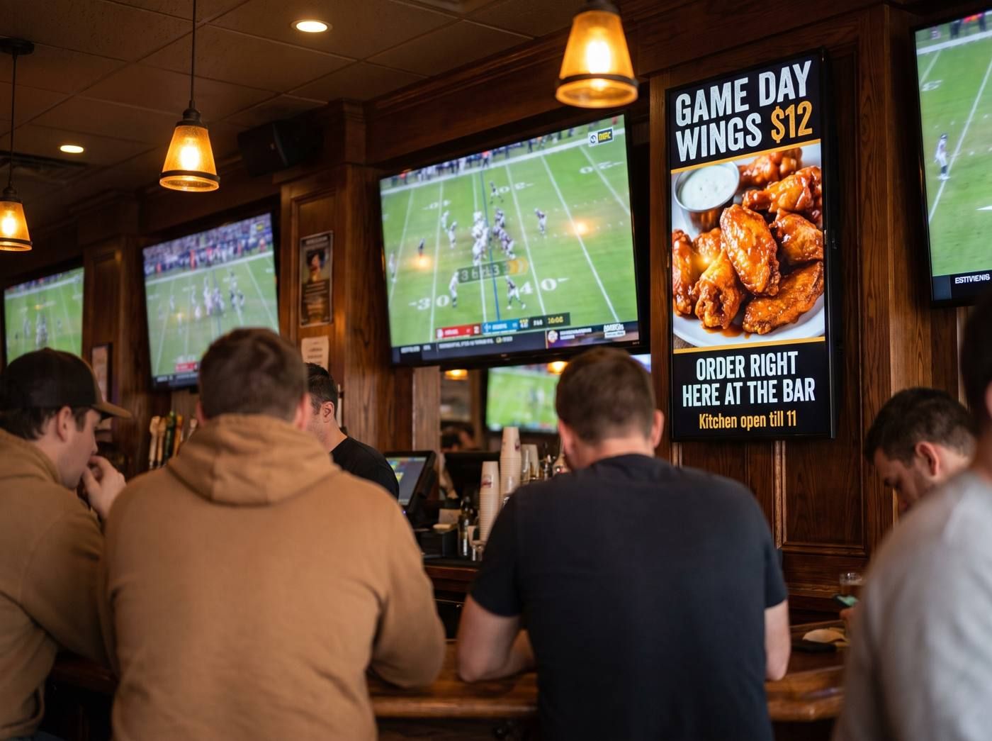 Sports bar with the game on the main TV and the bar's own wings special on the side screen