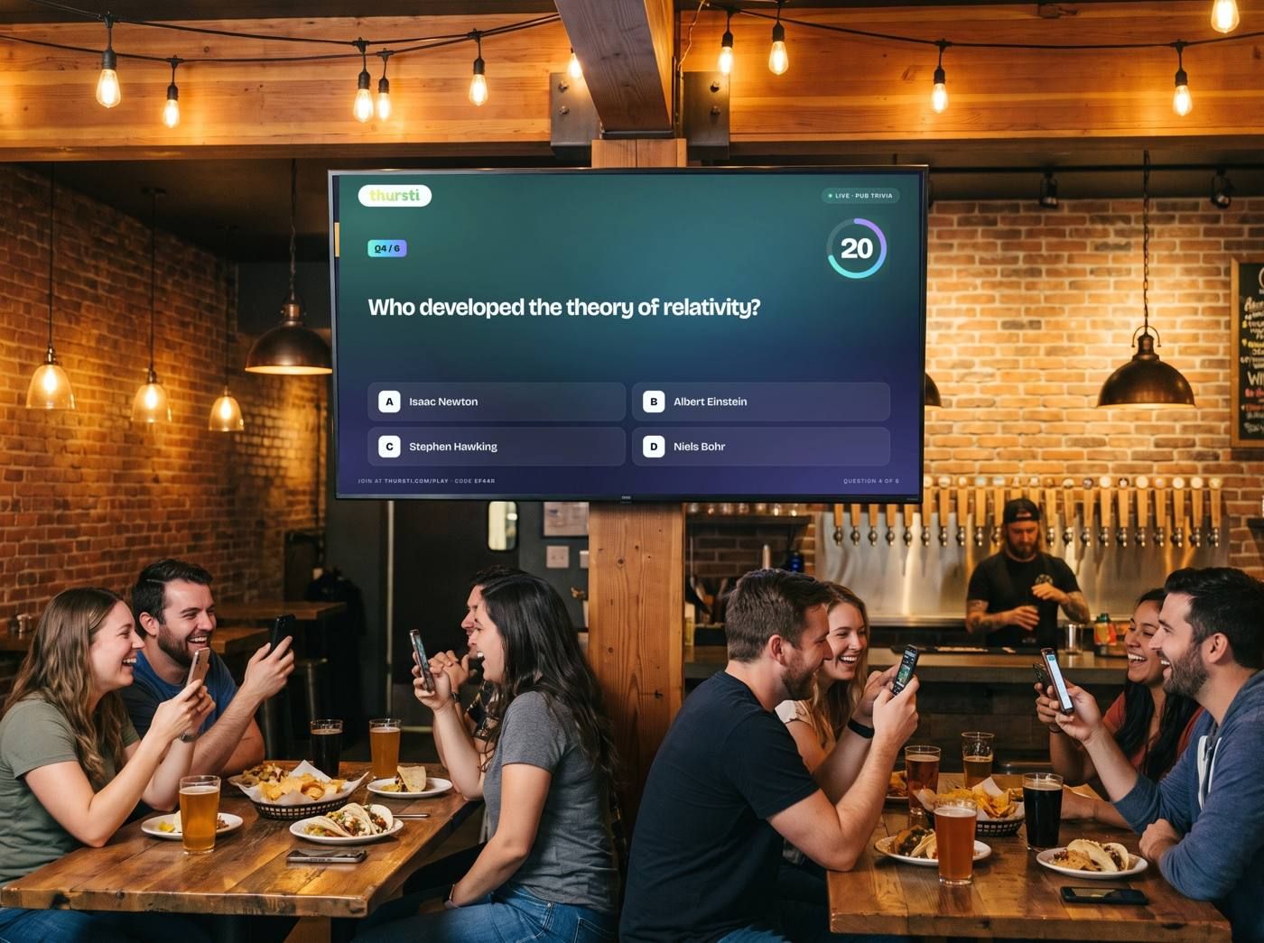 Taproom guests playing interactive trivia on their phones with the question, leaderboard and QR code on the bar's TV