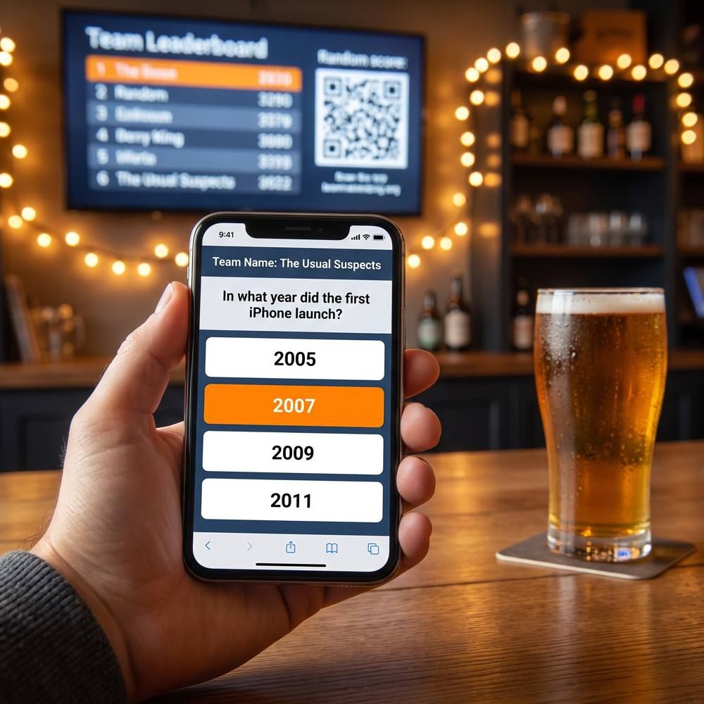A guest's phone showing a trivia question with four answer buttons, the bar TV leaderboard behind it